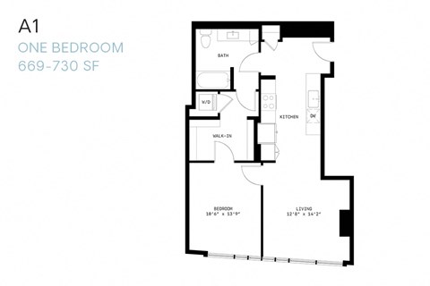 Floor plan for 1 bed, 1 bath, 730 sqft